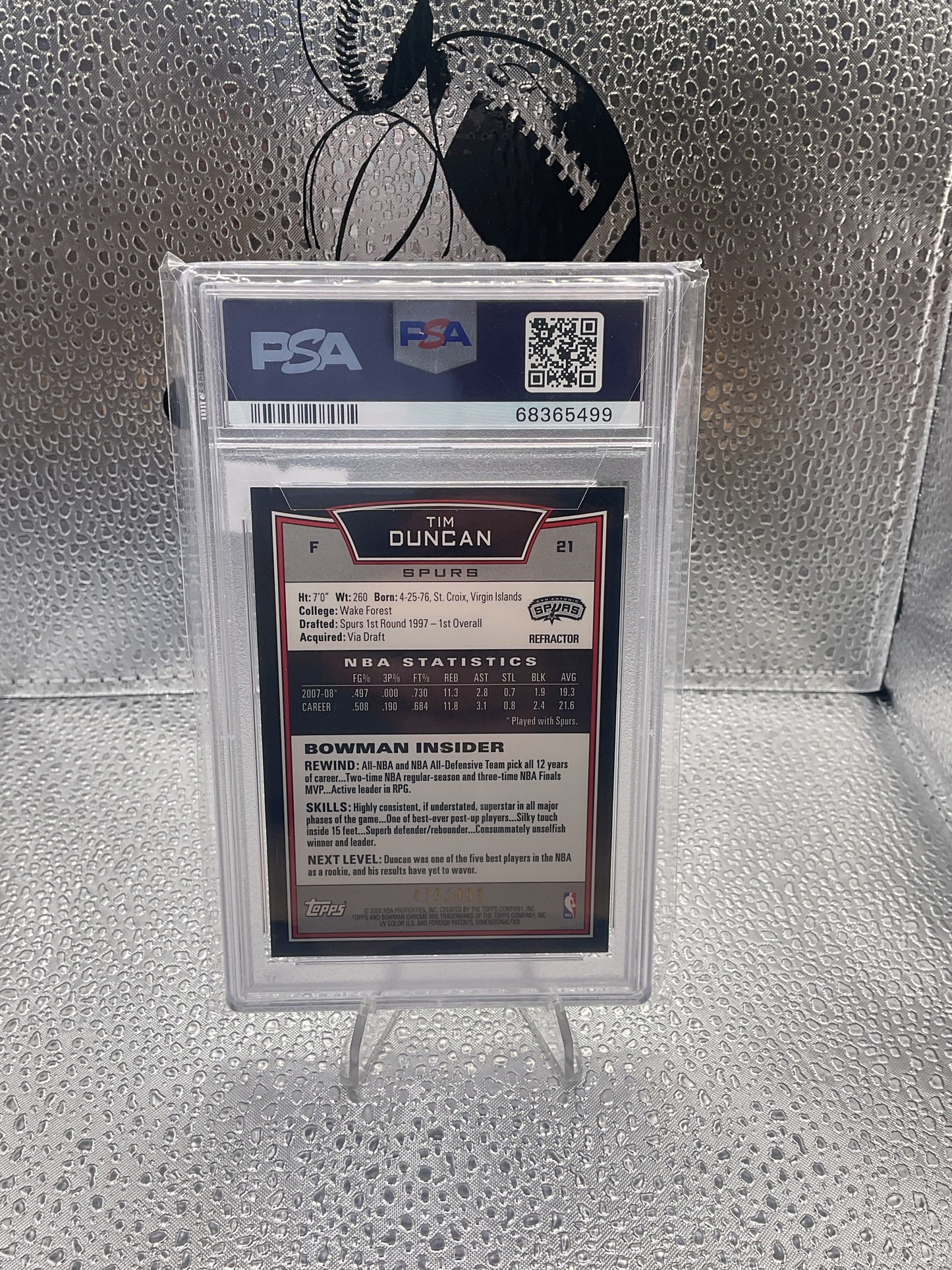 2008 BOWMAN CHROME TIM DUNCAN
BLACK REFRACTOR /499 PSA 9 MINT
SPURS HOF