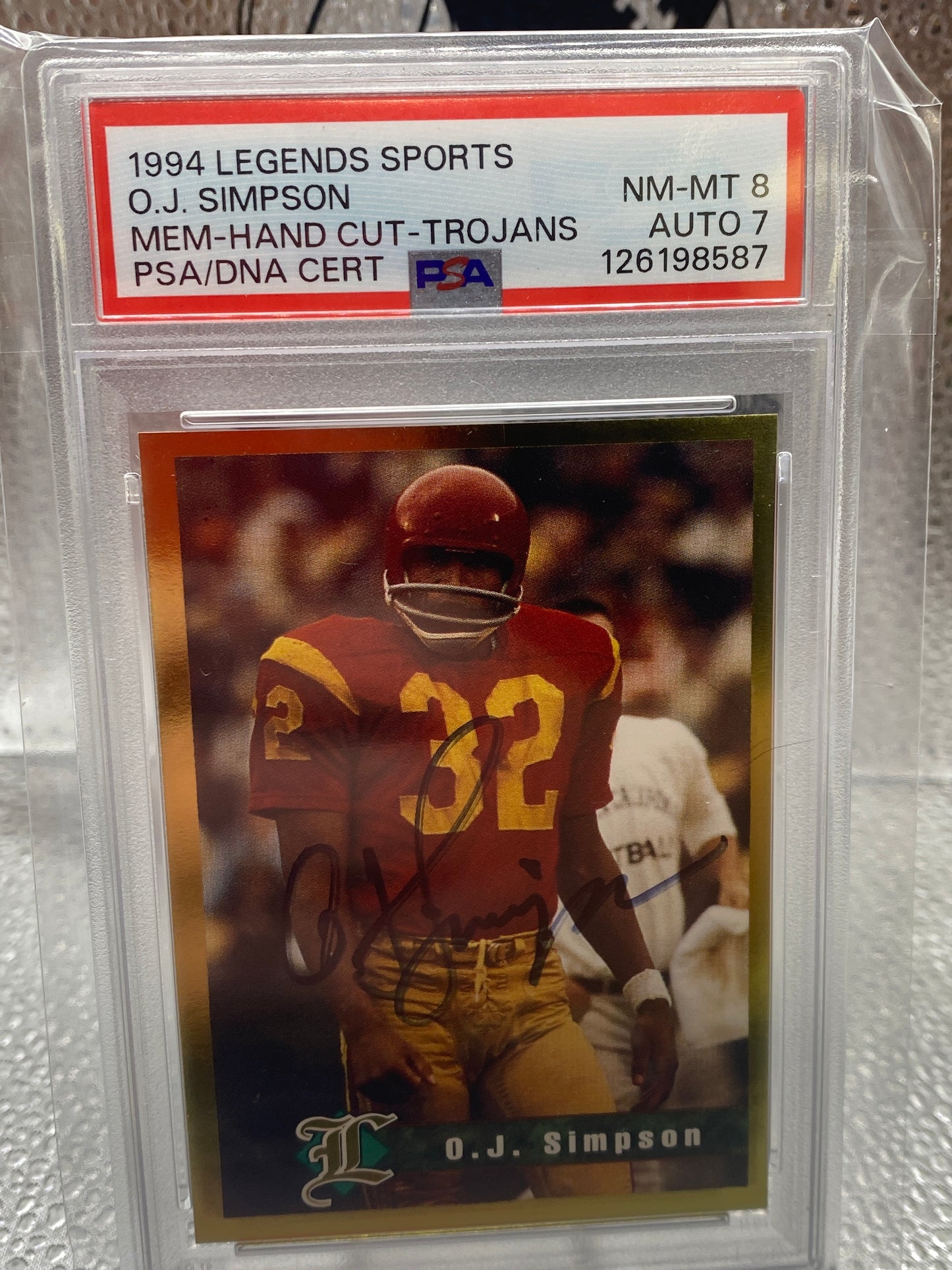 1994 Legends Sports O.J. Simpson Mem-hand cut- trojans Nm-mt 8 auto 7