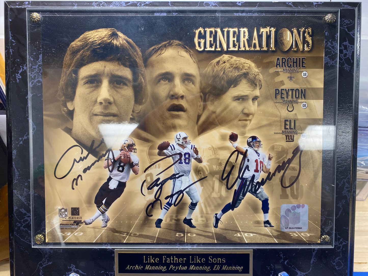 Like Father like Sons Plague Auto’d COA.  Archie, Peyton, Eli Manning