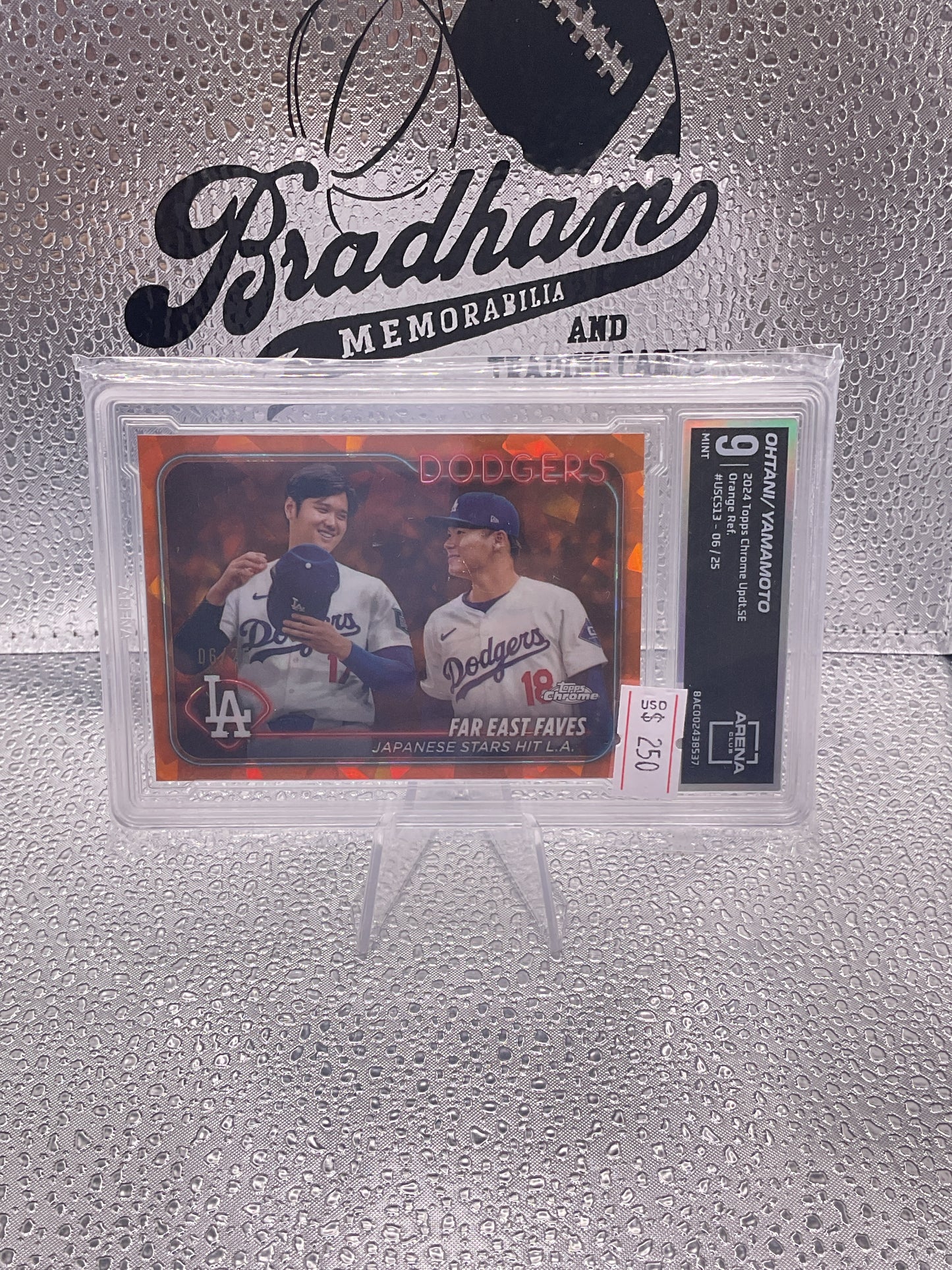 2024 Topps Update ‘Far East Faves’ Ohtani & Yamamoto #US13 Orange Crack /25 ARENA CLUB 9 grade
