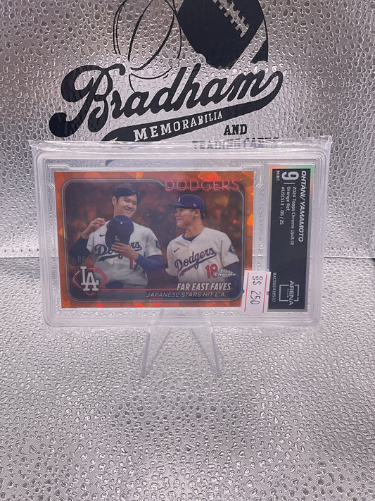 2024 Topps Update ‘Far East Faves’ Ohtani & Yamamoto #US13 Orange Crack /25 ARENA CLUB 9 grade