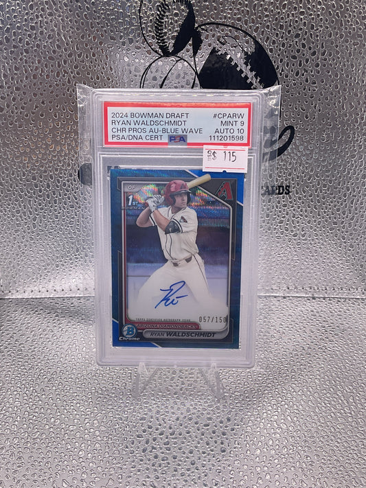 2024 Bowman Draft Ryan Waldschmidt Chrome Auto Blue Wave Refractor #057/150 PSA 10
