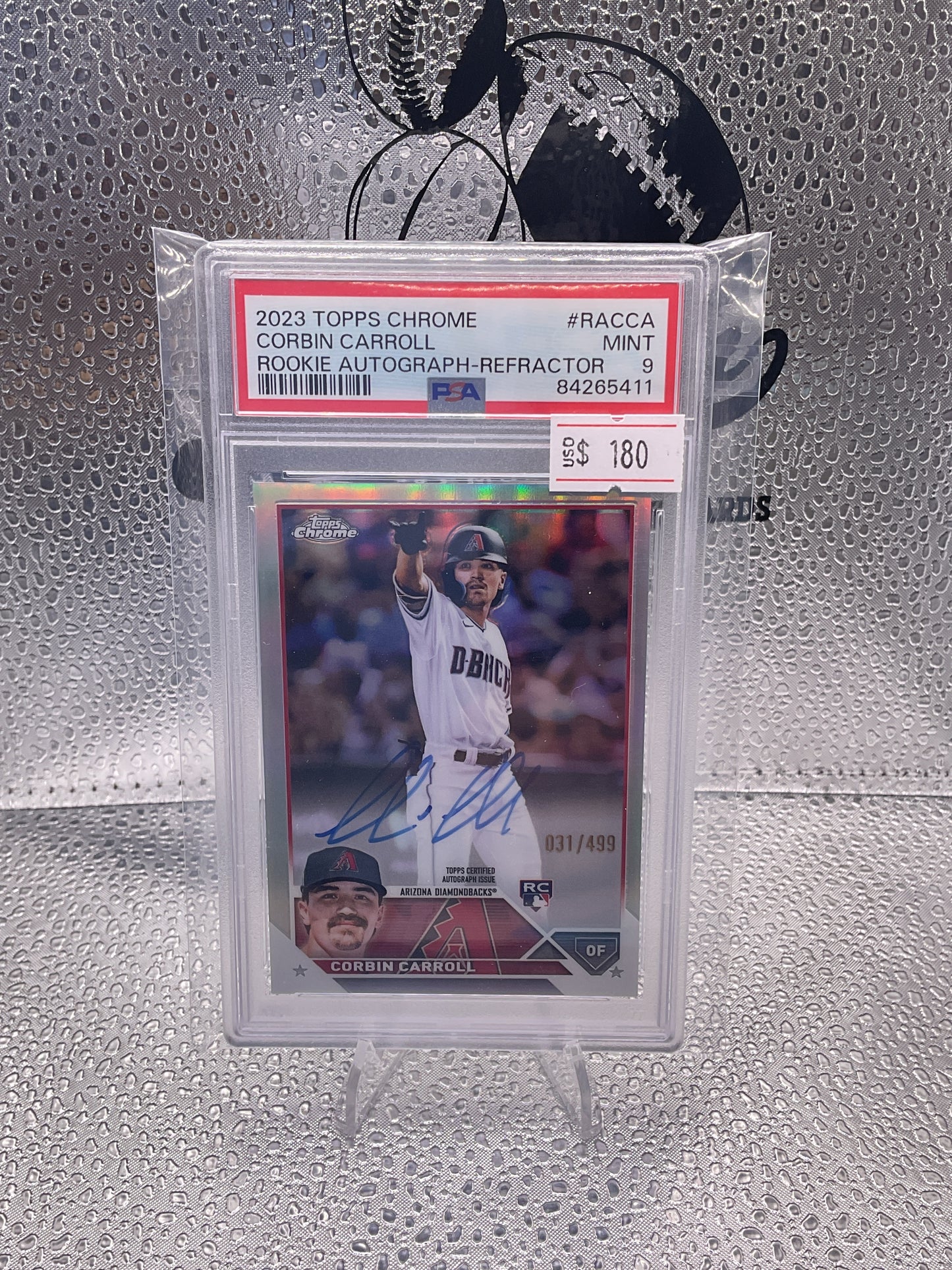 2023 TOPPS CHROME RC AUTO
REFRACTOR #RACCA CORBIN CARROLL
031/499 PSA 9