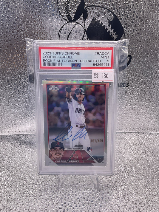 2023 TOPPS CHROME RC AUTO
REFRACTOR #RACCA CORBIN CARROLL
031/499 PSA 9