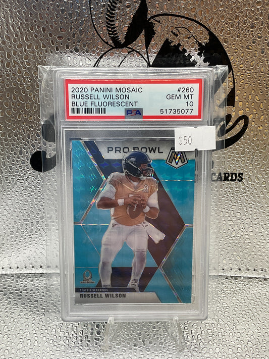2020 Panini Mosaic Russell Wilson Blue Fluorescent Pro Variation Gem Mint 10