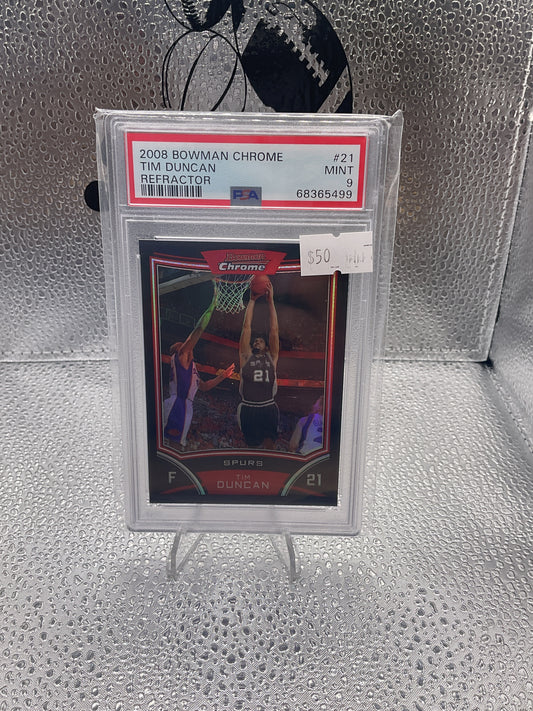 2008 BOWMAN CHROME TIM DUNCAN
BLACK REFRACTOR /499 PSA 9 MINT
SPURS HOF