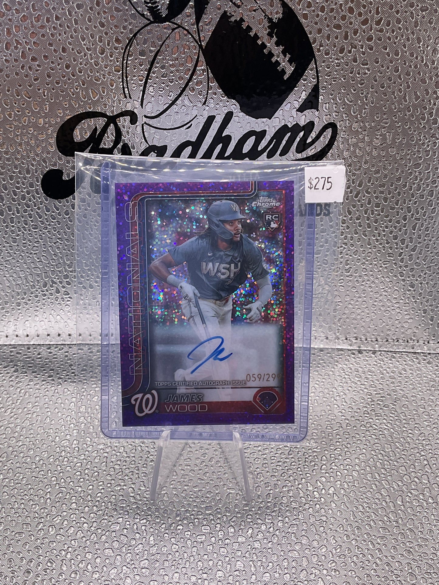 James Wood 2025 Topps Chrome Rookie Auto Purple Speckle /299 Nationals #RA-JWO