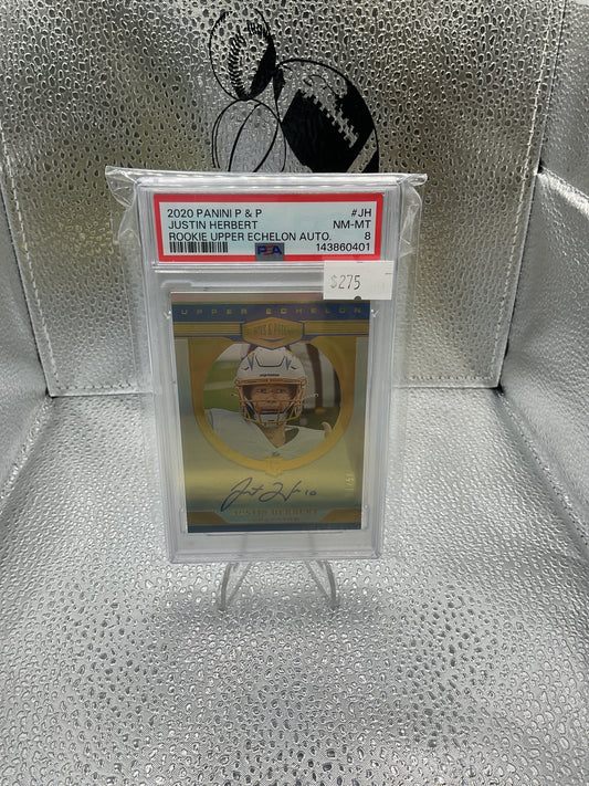 Justin Herbert Upper Echelon Rookie On Card Auto /50 PSA 8