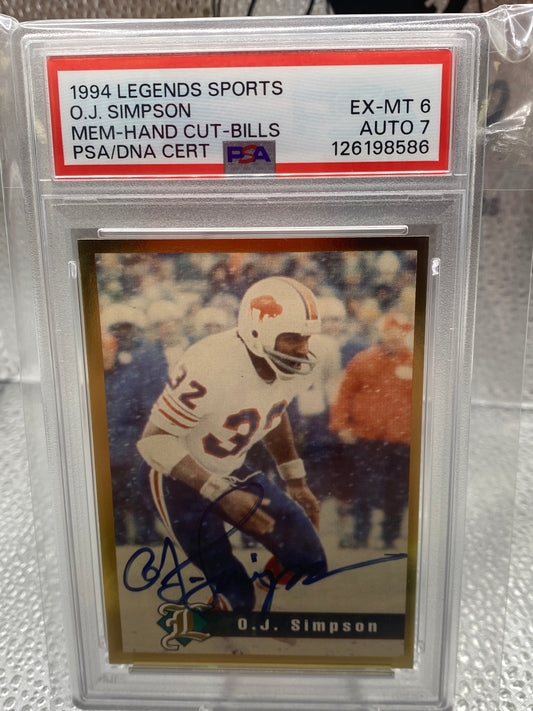 1994 Legends Sports O.J. Simpson Mem-Hand cut -bills Ex. Mt 6 auto 7