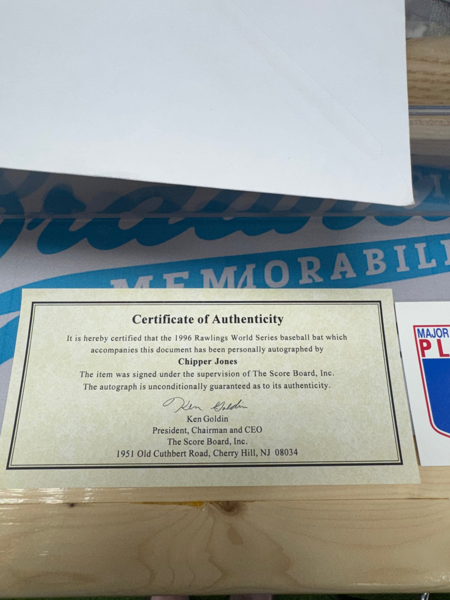 1996 World Series Game Used Chipper Jones Autographed Bat 14/250 with COA from Goldin